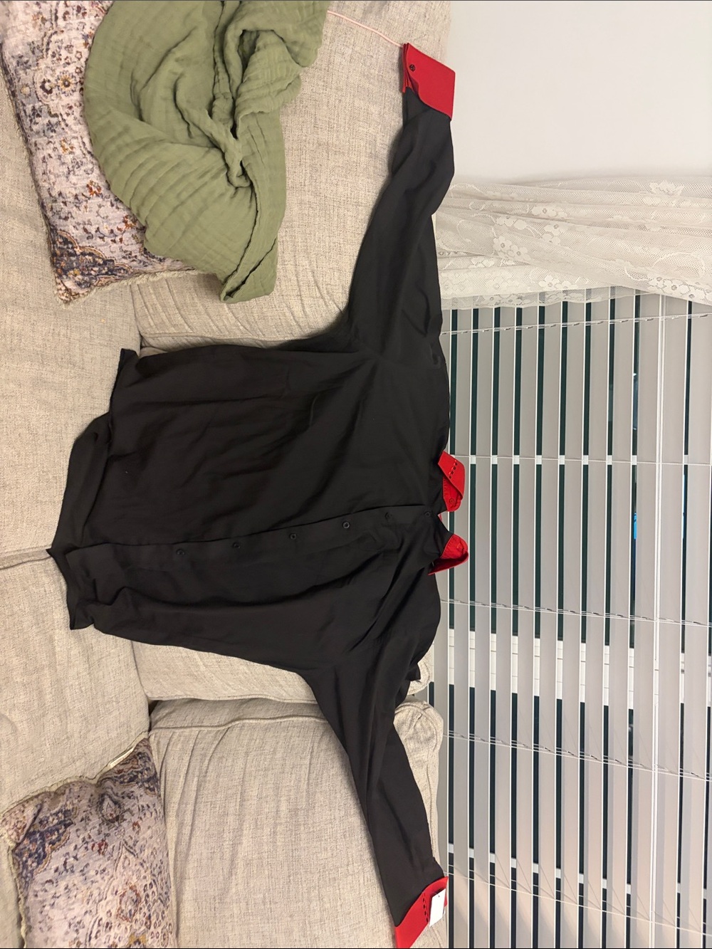 Black Button-Down Shirt with Red Collar & Cuff Accent